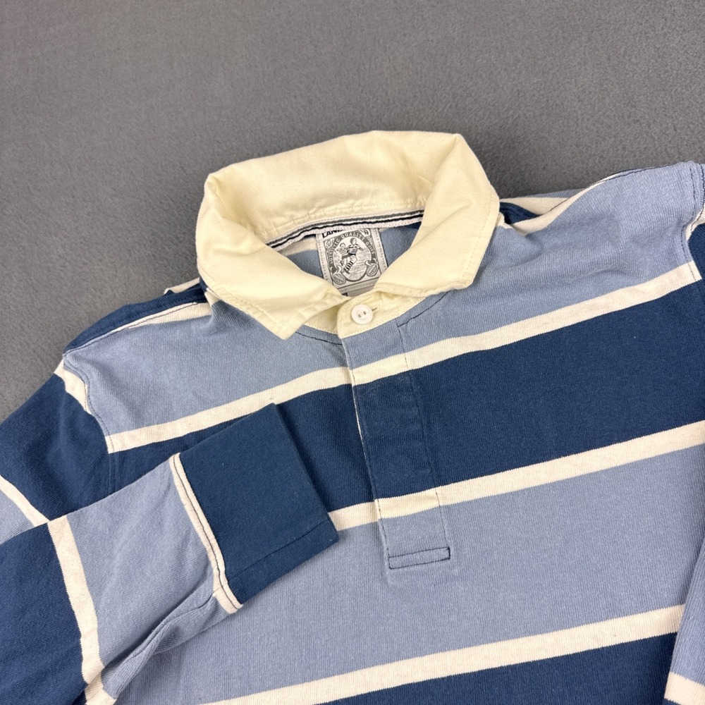 Lands End Rugby Shirt Men's M Blue Striped Long Sleeve Cotton Polo Y2K Rubber